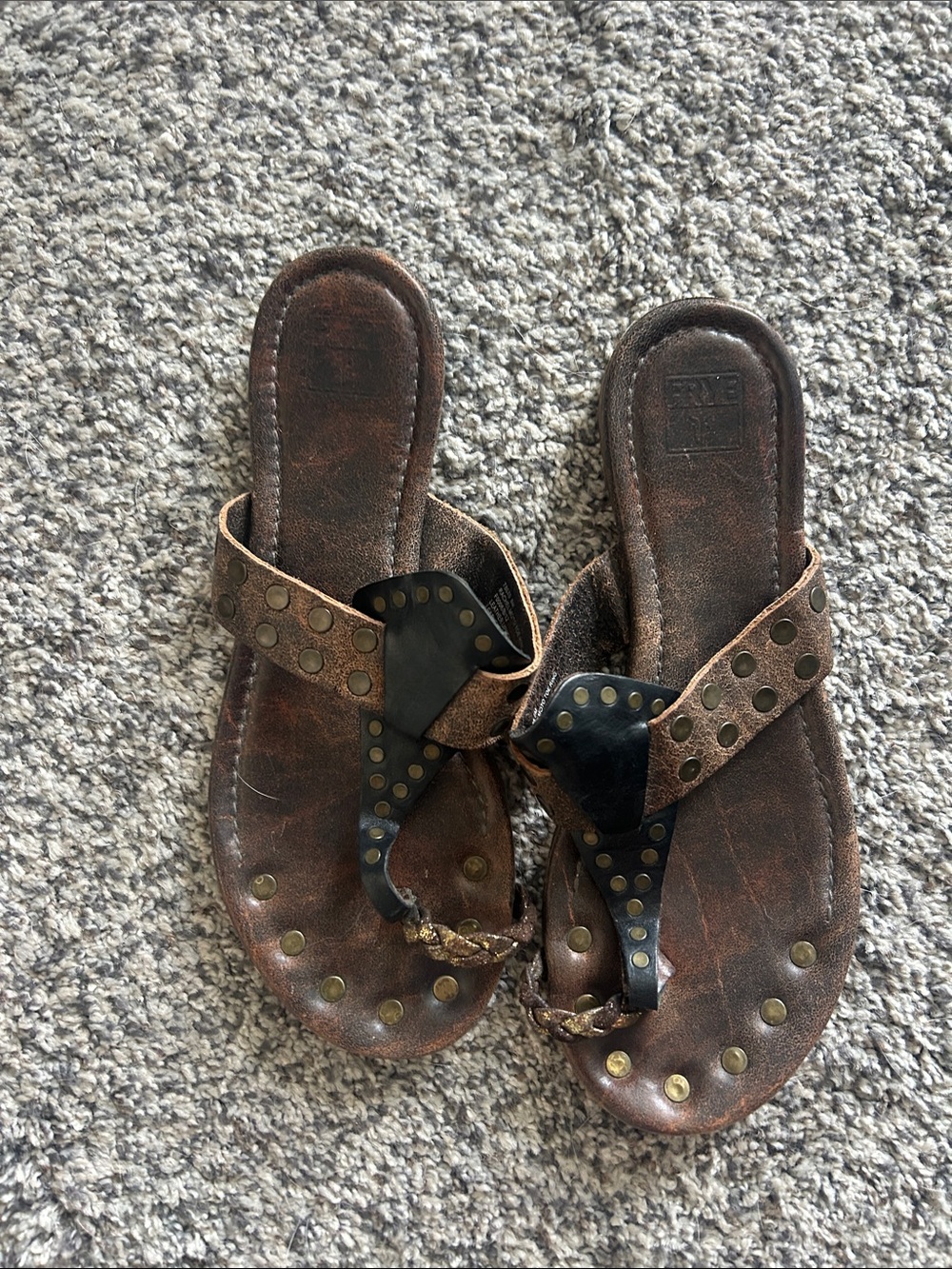 Frye Brown Leather Studded Thong Sandals